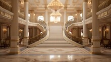 A Lavish Ballroom With Crystal Chandeliers, Ornate Columns, And A Grand Staircase
