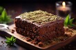 Delicious cannabis brownie garnished with marijuana leaf on top. Generative AI.
