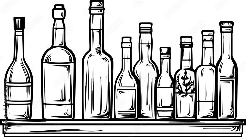 bottle drinks shelf sketch drawing Stock Vector | Adobe Stock