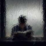 Fototapeta Sypialnia - a person framed by a window covered in raindrops, reading a newspaper