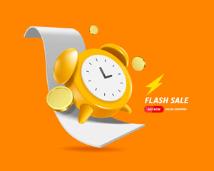 Wall Mural - Yellow-orange alarm clock alerting flash sale promotion limited time promotion and gold coins or money coins floating around and all object place on receipt