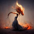 surreal environment dragon transform to woman with flame and ashes 