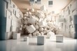 randomly stacked white cubes in a white hall realistic 