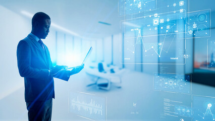 Poster - A man using a personal computer and digital data