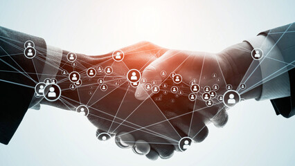 Poster - Communication network image with people shaking hands.