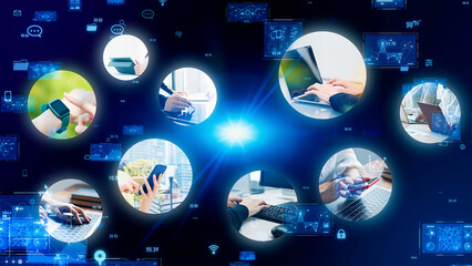 Poster - People using various mobile devices and data technology. business strategy.