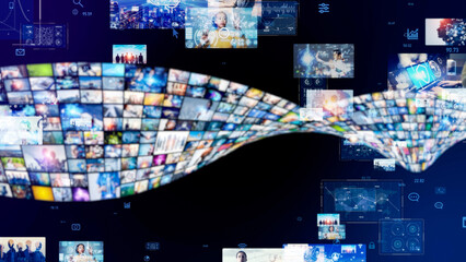 Fototapete - Video and global network. Digital contents. Streaming video. NFT. Non-fungible token. Image distribution AI.