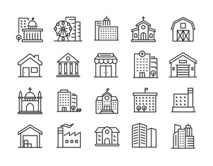 Building thin line icons. Editable stroke. For website marketing design, logo, app, template, ui, etc. Vector illustration.