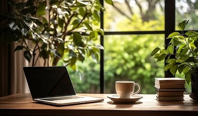Poster - work with view. modern office setup with greenery. tech savvy workspace. laptop on desk with nature 