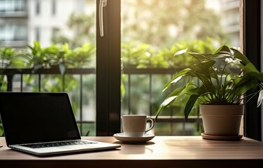 Poster - work with view. modern office setup with greenery. tech savvy workspace. laptop on desk with nature 