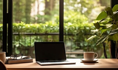 Poster - work with view. modern office setup with greenery. tech savvy workspace. laptop on desk with nature 