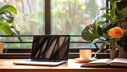 Poster - work with view. modern office setup with greenery. tech savvy workspace. laptop on desk with nature 