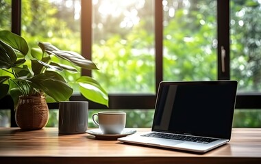 Poster - work with view. modern office setup with greenery. tech savvy workspace. laptop on desk with nature 