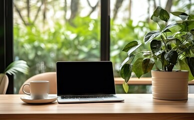 Poster - work with view. modern office setup with greenery. tech savvy workspace. laptop on desk with nature 