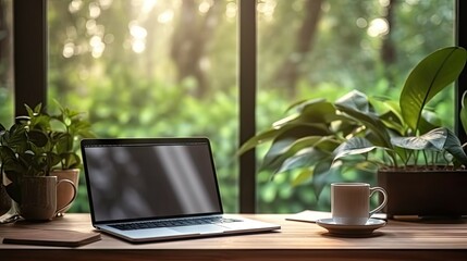 Poster - work with view. modern office setup with greenery. tech savvy workspace. laptop on desk with nature 