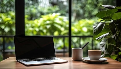Poster - work with view. modern office setup with greenery. tech savvy workspace. laptop on desk with nature 