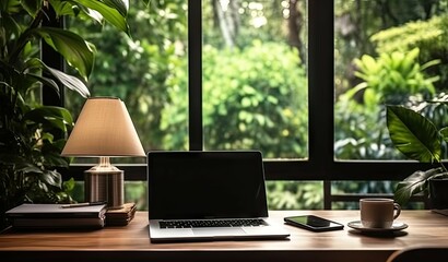 Poster - work with view. modern office setup with greenery. tech savvy workspace. laptop on desk with nature 
