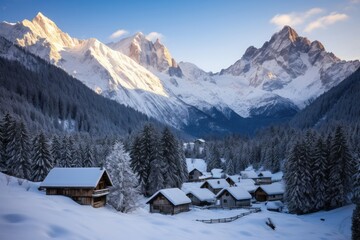 Poster - Snow-covered alpine village nestled within a dense pine forest surrounded by towering, snow-capped peaks at dawn.