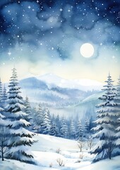 snowy landscape trees full moon cute ever created card bright snowflakes alpine climate moonbeams magical sparkling colored scenery