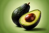 avocado sliced in half, revealing its creamy flesh and large pit. Generative AI