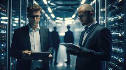 Leinwandbilder - Two colleagues are working in a data center. They are using machine learning algorithms to process.