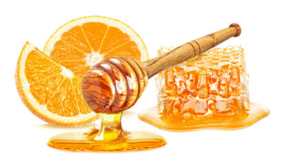 Wall Mural - dripping honey, honeycomb and lemon isolated on white background