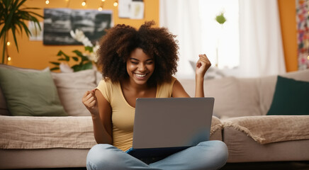 Wall Mural - Relaxed African American lady enjoying her weekend, Surfing on internet on laptop.