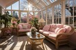 Bright and airy sunroom with comfortable seating and indoor plants, Generative AI