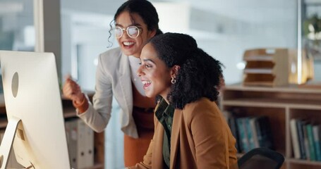 Poster - Business, women and high five for news of success in teamwork, collaboration or support for achievement in office. Employees, winning and celebration together for feedback on project goals or target