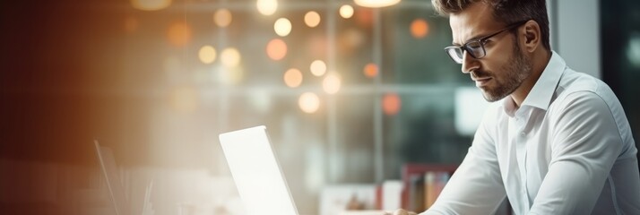 Leinwandbilder - Businessman research and reading email using laptop in office.