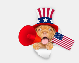 Poster - Happy Mastiff puppy wearing like Uncle Sam looking through a hole in paper and shouts into megaphone