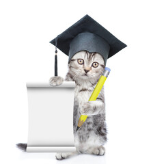 Poster - Cute graduated cat standing on hind legs holds the pen and shows empty list. isolated on white background