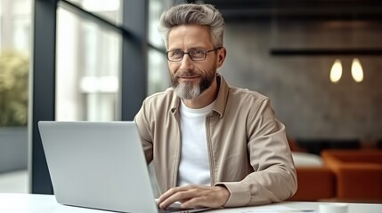 Leinwandbilder - Senior business man working on laptop, Experienced programmer inside office at workplace.