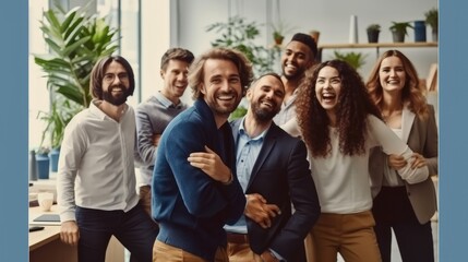 Poster - Cheerful diverse colleagues and friends having fun at work in office, Happy business team.