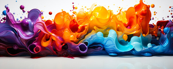 Poster - liquid motion explosion: curved wave and paint drops on white background