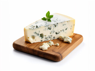 Blue cheese on a wooden cutting board isolated on white background