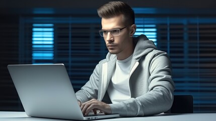 Leinwandbilder - Business man using laptop for coding at modern workplace, Software development and programming script in cyberspace.