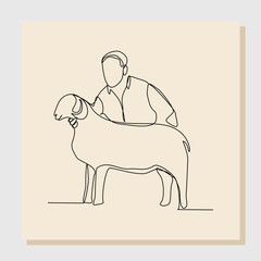 Wall Mural - Continuous single one line sketch hand drawn drawing of muslim man with goat, sheep, lamb for islamic sacrifice event . Vector illustration