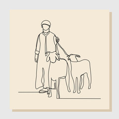 Wall Mural - Continuous single one line sketch hand drawn drawing of muslim man with goat, sheep, lamb for islamic sacrifice event . Vector illustration