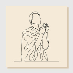 Wall Mural - Continuous single one sketch hand drawn line drawing of muslim man praying in hajj ihram uniform. One line art concept of islamic. Vector illustration