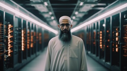 Aufkleber - Muslim IT Engineer Standing in a room data center with Operational Server Racks.