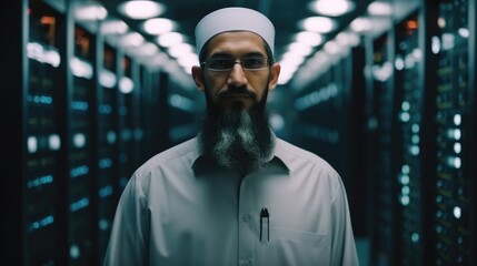 Aufkleber - Muslim IT Engineer Standing in a room data center with Operational Server Racks.