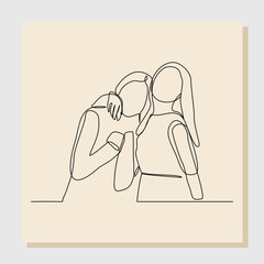 Wall Mural - Continuous single one line sketch hand drawn drawing of women girl embrace together in friendship. Vector illustration