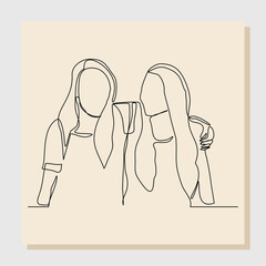 Wall Mural - Continuous single one line sketch hand drawn drawing of women girl embrace together in friendship. Vector illustration