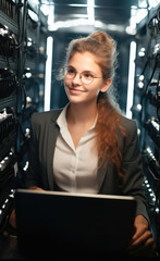 Poster - IT Engineers woman Working Data Center, While Works on Laptop Computer.