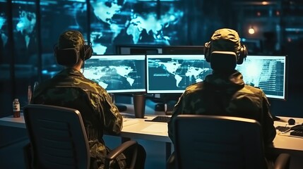 Poster - Military checking and working on computer for surveillance in control room, Tracking operation.