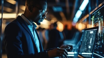 Leinwandbilder - African American IT man with laptop checks the operation of servers and automation in the server room, Collection and storage of large amounts of data.