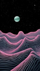 Wall Mural - An animated pink hill landscape stars and planet moving across the sky.