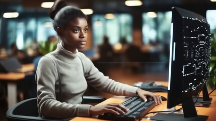 Leinwandbilder - Black woman Tech engineer creating machine learning software to be used as an autonomous virtual entity, Programming script in cyberspace.