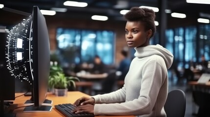 Poster - Black woman Tech engineer creating machine learning software to be used as an autonomous virtual entity, Programming script in cyberspace.
